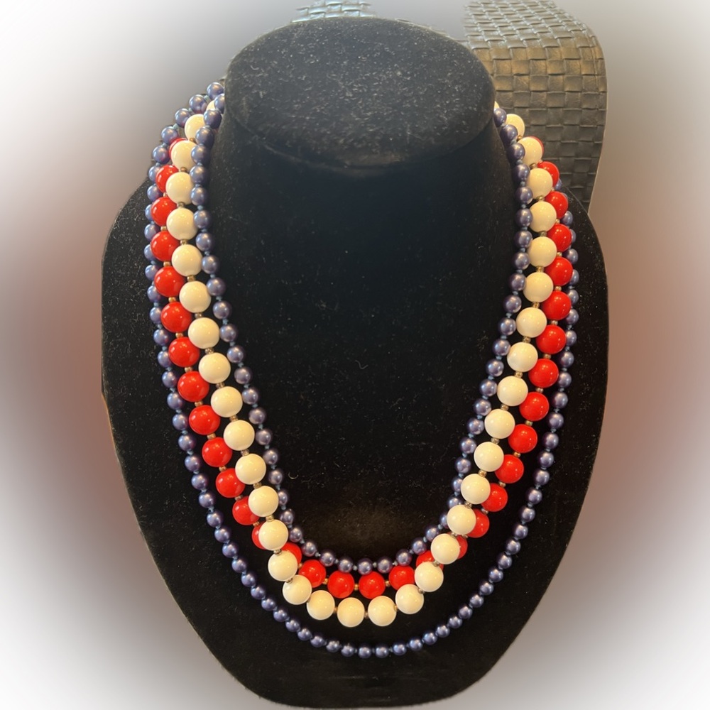 3 Multicolor Red White and Blue Beaded Necklaces